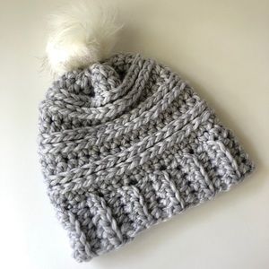 Gray Hat -Handmade Winter Beanie Hat with Pompom